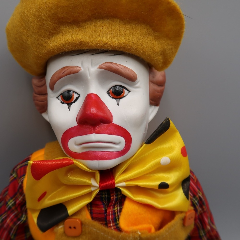 Heritage Vintage Music Box Clown Doll 18" Porcelain Orange Overalls Sad Face
